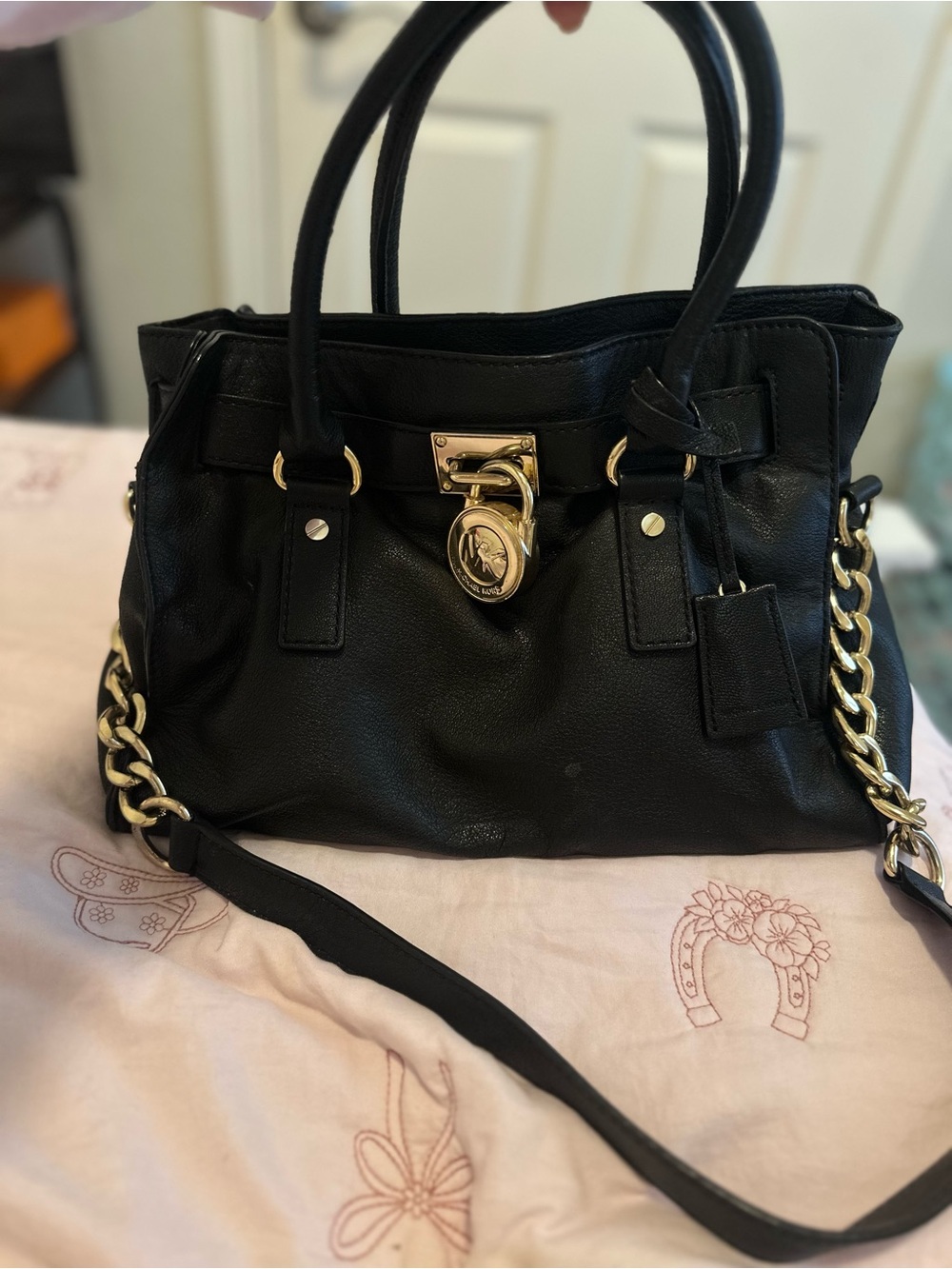 Michael Kors Black Leather Satchel with Gold Chain Accents